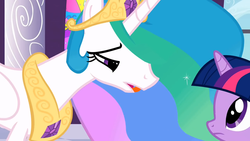 Size: 1280x720 | Tagged: safe, screencap, princess celestia, twilight sparkle, g4, the return of harmony, duo, lidded eyes, mid-blink screencap, out of context