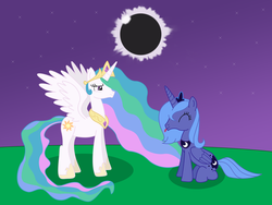 Size: 1200x900 | Tagged: safe, artist:crowfall, princess celestia, princess luna, alicorn, pony, g4, eclipse, female, mare, royal sisters, s1 luna, siblings, sisters, tongue out