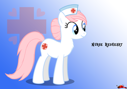 Size: 5000x3516 | Tagged: safe, artist:burnedpigeon, nurse redheart, g4, chest fluff, cutie mark, female, gradient background, hat, mare, solo, text