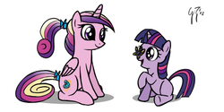 Size: 800x400 | Tagged: safe, artist:glancojusticar, princess cadance, twilight sparkle, butterfly, g4, filly, twily