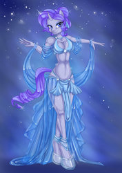 Size: 600x848 | Tagged: dead source, safe, artist:misukitty, rarity, anthro, unguligrade anthro, g4, belly dancer, bra, breasts, busty rarity, cleavage, clothes, crystal rarity, crystallized, female, glass slipper (footwear), hooves, loincloth, midriff, sash, see-through, skirt, solo, underwear