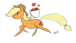 Size: 1280x723 | Tagged: safe, artist:saliantsunbreeze, applejack, g4, apple, bucket, female, running, simple background, solo