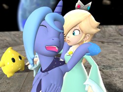 Size: 1024x768 | Tagged: safe, artist:pika-robo, princess luna, luma, g4, 3d, cute, filly, gmod, hug, princess rosalina, rosalina, super mario bros., super mario galaxy, woona