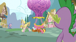 Size: 960x540 | Tagged: safe, screencap, cherry berry, cotton cloudy, dinky hooves, millie, spike, dragon, earth pony, pony, unicorn, g4, spike at your service, aviator hat, female, filly, hat, hot air balloon, male, mare, twinkling balloon