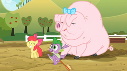 Size: 1366x768 | Tagged: safe, screencap, apple bloom, little piggington, spike, earth pony, pig, pony, g4, spike at your service, female, filly