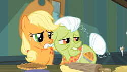 Size: 1366x768 | Tagged: safe, screencap, applejack, granny smith, earth pony, pony, g4, spike at your service, female, mare