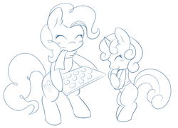 Size: 4069x2953 | Tagged: safe, artist:ambris, pinkie pie, sweetie belle, earth pony, pony, unicorn, g4, ^^, baking, bipedal, black and white, blushing, closed mouth, clothes, cookie, cooking, duo, ear fluff, eating, eyes closed, female, filly, foal, food, full body, grayscale, happy, lineart, mare, monochrome, nom, side by side, simple background, smiling, white background
