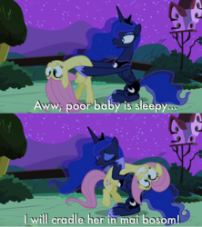 Size: 640x720 | Tagged: safe, edit, edited screencap, screencap, fluttershy, princess luna, g4, luna eclipsed, my little pony: friendship is magic, bone-crushing snuggles, chowder, comic, duo, faic, hape, hug, image macro, screencap comic