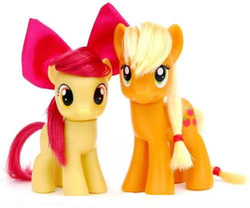 Size: 500x415 | Tagged: safe, apple bloom, applejack, g4, brushable, customized toy, female, irl, photo, simple background, toy, white background