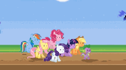 Size: 384x216 | Tagged: safe, artist:mysteryben, applejack, bon bon, dj pon-3, doctor whooves, fluttershy, lyra heartstrings, nightmare moon, pinkie pie, rainbow dash, rarity, spike, sweetie drops, time turner, trixie, twilight sparkle, vinyl scratch, ponies: the anthology 3, g4, animated, faceplant, mane seven, mane six, paper mario, paper pony, parody, tree, tripsie