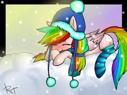 Size: 1280x960 | Tagged: safe, artist:yukomaussi, oc, oc only, oc:rainbow time, pegasus, pony, cloud, cloudy, rainbow hair, sleeping, snow, snowfall, solo