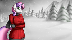 Size: 1920x1080 | Tagged: safe, artist:devs-iratvs, sweetie belle, anthro, g4, breasts, busty sweetie belle, clothes, female, older, scarf, snow, snowfall, solo, sweater