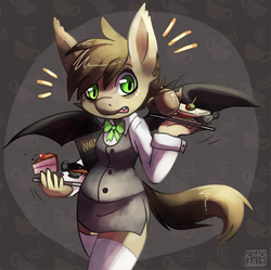 Size: 619x617 | Tagged: safe, artist:sharmie, oc, oc only, oc:mocha, bat pony, anthro, anthro oc, bow, cake, clothes, cup, drink, food, olive, plate, sandwich, solo, tea, teacup, teapot, toothpick, waitress