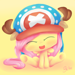 Size: 4000x4000 | Tagged: safe, artist:oathkeeper21, fluttershy, g4, chibi, crossover, cute, eyes closed, female, hat, one piece, open mouth, shyabetes, solo, tony tony chopper