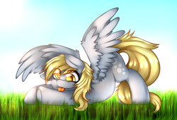 Size: 2000x1356 | Tagged: safe, artist:mixipony, derpy hooves, pegasus, pony, g4, face down ass up, female, grass, mare, solo, tongue out