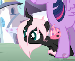 Size: 548x447 | Tagged: safe, artist:ipandacakes, artist:wolvesandangels66, twilight sparkle, oc, oc:pomf puff, alicorn, changeling, hybrid, pony, g4, changeling oc, cute, female, heart, interspecies offspring, magical lesbian spawn, mama twilight, mare, offspring, parent:oc:fluffle puff, parent:queen chrysalis, parents:canon x oc, parents:chrysipuff, pink changeling, twilight sparkle (alicorn)