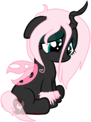 Size: 638x852 | Tagged: safe, artist:ipandacakes, oc, oc only, oc:pomf puff, changeling, hybrid, changeling oc, heart, interspecies offspring, magical lesbian spawn, offspring, parent:oc:fluffle puff, parent:queen chrysalis, parents:canon x oc, parents:chrysipuff, pink changeling, sad, simple background, solo, transparent background, vector