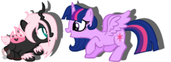 Size: 832x304 | Tagged: safe, twilight sparkle, oc, oc:pomf puff, alicorn, changeling, hybrid, pony, g4, changeling oc, female, godmother and godchild, interspecies offspring, magical lesbian spawn, mama twilight, mare, offspring, parent:oc:fluffle puff, parent:queen chrysalis, parents:canon x oc, parents:chrysipuff, pink changeling, simple background, sunshine sunshine, transparent background, twilight sparkle (alicorn), vector