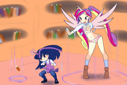 Size: 1440x960 | Tagged: safe, artist:drantyno, princess cadance, twilight sparkle, human, g4, accidental exposure, assisted exposure, belly button, blushing, bra, breasts, clothes, crop top bra, cutie mark underwear, dress, embarrassed, embarrassed underwear exposure, female, horn, horned humanization, humanized, light skin, magic, magic fail, panties, partially undressed, pink underwear, small breasts, spell gone wrong, torn clothes, underwear, undressing, wardrobe malfunction, winged humanization, younger