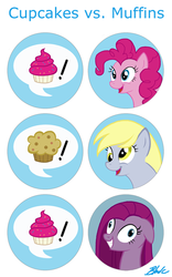 Size: 436x700 | Tagged: safe, artist:caycowa, derpy hooves, pinkie pie, pegasus, pony, g4, contemplating insanity, cupcake, cupcakes vs muffins, female, mare, muffin, pinkamena diane pie
