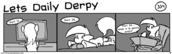Size: 1280x404 | Tagged: safe, artist:tetrapony, derpy hooves, pegasus, pony, comic:the daily derp, g4, comic, computer, female, lets daily derpy, mare, monochrome