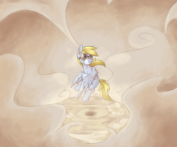 Size: 962x795 | Tagged: safe, artist:yeendip, derpy hooves, pegasus, pony, g4, action pose, female, flying, goggles, mare, mask, sandstorm, solo