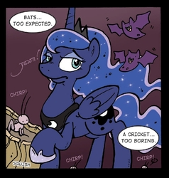 Size: 671x704 | Tagged: safe, artist:katie cook, idw, princess luna, alicorn, bat, cricket (insect), insect, pony, g4, micro-series #10, my little pony micro-series, comic, cute, katie does it again, pet