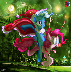 Size: 1748x1763 | Tagged: safe, artist:jowyb, pinkie pie, trixie, deer, earth pony, pony, reindeer, unicorn, g4, antlers, bell, cape, christmas, clock, clock tower, clothes, cloud, cloudsdale, collar, cutie mark, duo, flying, hat, holiday, horn, moon, ponies riding ponies, reindeer antlers, riding, rudolph nose, santa hat, stars, tongue out, tree, trixie riding pinkie pie