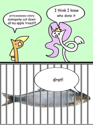 Size: 600x805 | Tagged: safe, artist:wollap, applejack, princess celestia, fish, g4, comic, herring, jail, monty python, monty python and the holy grail, not salmon, princess celery, stylistic suck, that's totally a salmon, wat