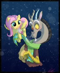 Size: 933x1149 | Tagged: safe, artist:c-puff, discord, fluttershy, draconequus, pegasus, pony, g4, blushing, clothes, cold, cute, digital art, discute, female, flying, frown, male, mare, night, night sky, open mouth, scarf, ship:discoshy, shipping, shyabetes, signature, sky, snow, snowfall, snowflake, stars, straight, winter