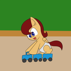 Size: 500x500 | Tagged: safe, artist:jake heritagu, oc, oc only, oc:lightning blitz, pegasus, pony, baby, baby pony, colt, lightning blitz answers, male, offspring, parent:rain catcher, parent:scootaloo, parents:catcherloo, solo, toy, toy train, train, tumblr