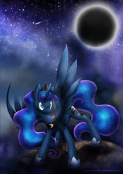 Size: 600x849 | Tagged: safe, artist:pegasisters82, princess luna, g4, eclipse, female, lunar eclipse, moon, shooting star, solo, stars