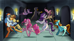 Size: 1280x720 | Tagged: safe, artist:thewhimsicalgoat, applejack, fluttershy, pinkie pie, rainbow dash, rarity, twilight sparkle, oc, oc:ilovekimpossiblealot, alicorn, pony, g4, bipedal, crossover, doors, female, mane six, mare, scooby-doo!, twilight sparkle (alicorn)