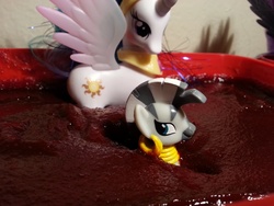 Size: 3264x2448 | Tagged: safe, princess celestia, zecora, alicorn, pony, zebra, g4, edible, female, food, hot pepper paste, irl, neck deep, photo, plastic container, ponies in food, sauce, submerged, toy