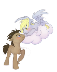 Size: 527x666 | Tagged: safe, artist:psychoon, derpy hooves, doctor whooves, time turner, pegasus, pony, g4, blushing, cloud, female, male, mare, ship:doctorderpy, shipping, simple background, stallion, straight, transparent background