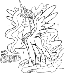 Size: 5031x5750 | Tagged: safe, artist:redapropos, princess celestia, g4, absurd resolution, black and white, clothes, dark magic, female, grayscale, jewelry, lineart, magic, monochrome, peytral, shoes, solo, sombra eyes, tiara