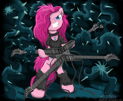 Size: 1465x1200 | Tagged: safe, artist:flutterthrash, pinkie pie, earth pony, pony, semi-anthro, g4, princess twilight sparkle (episode), alternate hairstyle, arm hooves, bipedal, black vine, bottomless, clothes, electric guitar, female, goth, guitar, leg warmers, metal, michael angelo batio, musical instrument, necklace, partial nudity, quad guitar, shirt, solo