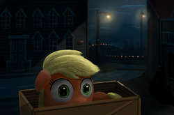 Size: 1632x1080 | Tagged: safe, artist:anttosik, applejack, earth pony, pony, g4, box, city, cute, female, filly, floppy ears, night, pony in a box, solo, soon, wide eyes