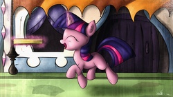 Size: 3840x2160 | Tagged: safe, artist:neko-me, twilight sparkle, pony, g4, book, cute, eyes closed, female, filly, filly twilight sparkle, magic, solo, trotting, twiabetes, younger