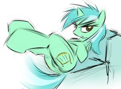 Size: 1200x883 | Tagged: safe, artist:kejifox, lyra heartstrings, pony, unicorn, g4, butt, featureless crotch, female, looking at you, mare, plot, solo