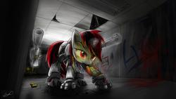 Size: 2320x1305 | Tagged: safe, artist:favmir, oc, oc only, oc:blackjack, cyborg, pony, unicorn, fallout equestria, fallout equestria: project horizons, amputee, cybernetic legs, level 1 (project horizons), prosthetics, solo