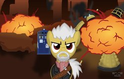 Size: 1118x714 | Tagged: safe, artist:sasukex125, bandolier, beard, clothes, dalek, day of the doctor, doctor who, explosion, facial hair, john hurt, leather, moleskin, no more, scarf, tardis, the fall of arcadia, trenchcoat, waistcoat, war doctor