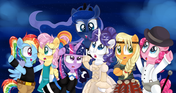 Size: 5192x2744 | Tagged: safe, artist:lucy-tan, applejack, fluttershy, pinkie pie, princess luna, rainbow dash, rarity, twilight sparkle, alicorn, earth pony, pegasus, pony, unicorn, g4, a clockwork orange, alex delarge, anarchy stocking, astrid, astrid hofferson, clothes, cosplay, costume, crossover, dreamworks, floppy ears, halloween, halloween costume, holiday, hoof gloves, how to train your dragon, lara croft, lola bunny, looney tunes, mane six, marie antoinette, nightmare night, nightmare night costume, panty and stocking with garterbelt, stockinglight, the looney tunes show, tomb raider, twilight sparkle is not amused, unamused, unicorn twilight