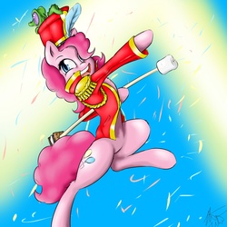 Size: 1600x1600 | Tagged: dead source, safe, artist:captainpudgemuffin, gummy, pinkie pie, pony, g4, baton, bipedal, clothes, jacket, marching, marshmallow, s'mores