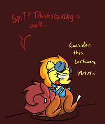 Size: 675x800 | Tagged: safe, artist:autonomous-zed, big macintosh, spitfire, earth pony, pony, turkey, g4, female, grimdark big mac, macinfire, male, mare, ponies eating meat, shipping, stallion, straight, thanksgiving