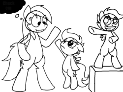 Size: 1600x1200 | Tagged: artist needed, safe, rainbow dash, scootaloo, pony, g4, bipedal, monochrome