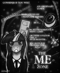 Size: 700x856 | Tagged: safe, artist:balthasar999, smarty pants, twilight sparkle, g4, door, equation, eye, monochrome, parody, pun, rod serling, text, the twilight zone