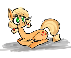 Size: 2730x2238 | Tagged: safe, artist:pyupew, applejack, g4, alternate hairstyle, female, filly, looking back, prone, solo, younger