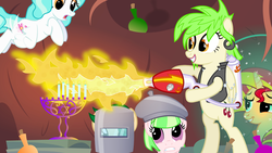 Size: 1280x720 | Tagged: safe, artist:violetclm, cherry crash, drama letter, paisley, sunset shimmer, sweet leaf, watermelody, pony, equestria girls, g4, background human, bipedal, equestria girls ponified, fire, flamethrower, hanukkah, judaism, menorah, ponified, shimmer six, weapon, wingding eyes