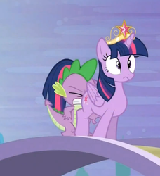 Size: 736x806 | Tagged: safe, screencap, spike, twilight sparkle, alicorn, dragon, pony, g4, season 4, bridge, eyes closed, faceful of ass, female, male, mare, out of context, spike running into twilight's rear, surprised, twilight sparkle (alicorn)